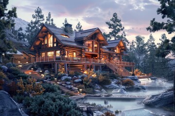 Aufkleber - A large log house on top of a lush green hillside. Suitable for real estate or nature concepts