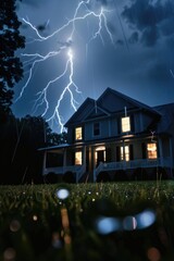 Poster - Lightning bolt striking over a house, dramatic weather scene. Suitable for weather and natural disaster concepts
