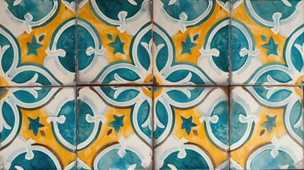 Close up of a tiled wall with blue and yellow designs. Ideal for interior design projects