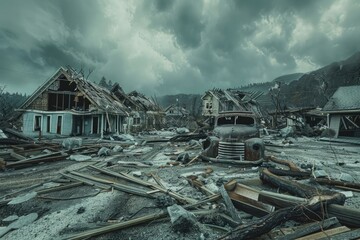 Poster - An old truck parked in a devastated area, suitable for post-apocalyptic themes