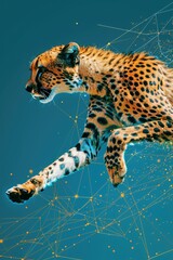 Poster - A cheetah leaping in the air against a blue background. Ideal for wildlife and nature concepts