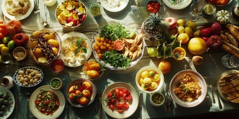 Aufkleber - A table filled with different types of food, suitable for various occasions
