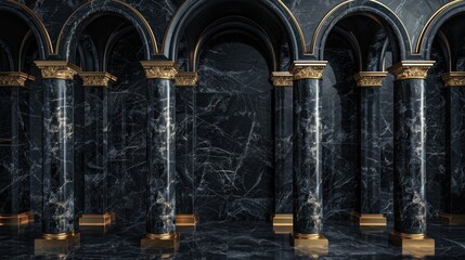 Poster - A row of columns in a black marble room. Suitable for architectural design projects