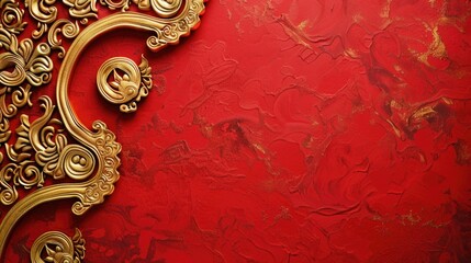 Aufkleber - Detailed shot of a red wall with intricate gold decorations. Ideal for interior design projects