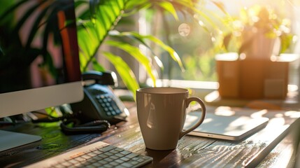 Poster - A coffee cup resting on a wooden desk, perfect for office or home decor