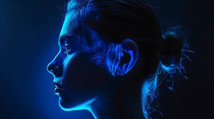 Wall Mural - The individual is illuminated by a blue light against a dark background