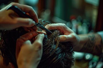 Poster - A man getting his hair styled at a barber shop. Ideal for barber shop promotions