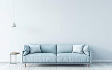 Modern Interior Design Of A Living Room With A Light Blue Sofa And Copy Space Wall Mock Up Background, In High Definition
