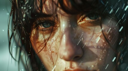 Wall Mural - Close-up of a woman's face in the rain. Suitable for various emotional or weather-related concepts