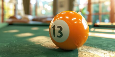 Poster - A vibrant orange pool ball resting on a green table. Perfect for sports and leisure concepts