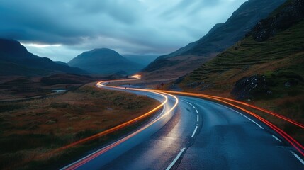 Poster - A stunning long exposure photo of a winding road in the mountains. Perfect for travel and adventure themes