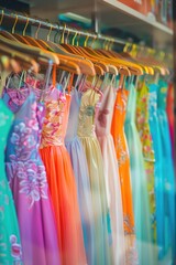 Poster - A variety of dresses hanging on a rack. Suitable for fashion and retail concepts