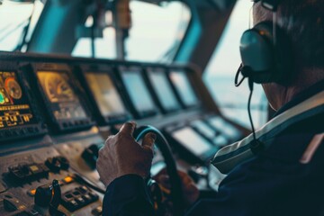 Poster - A man in a pilot's seat at the controls of a plane. Suitable for aviation and travel concepts