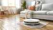 © JovialFox - Smart home device on the living room floor white robotic vacuum