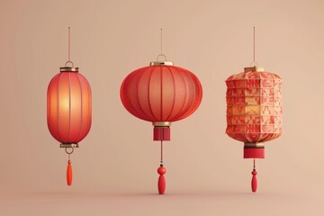 Canvas Print - Three vibrant red Chinese lanterns hanging from the ceiling. Perfect for festive decorations