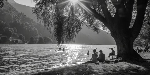 Poster - A black and white photo of people relaxing under a tree. Suitable for various outdoor themes