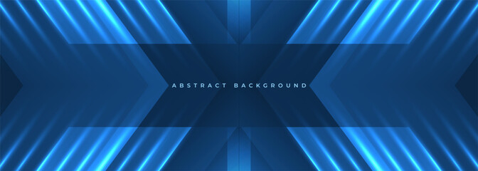Poster - Blue wide abstract horizontal technology banner background with diagonal blue neon lines and arrows. Vector illustration
