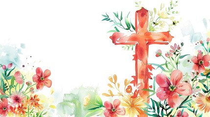 Wall Mural - Watercolor painting of a cross surrounded by flowers. Suitable for religious or floral themed designs