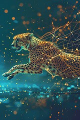 Poster - A cheetah sprinting across a body of water. Suitable for wildlife and speed concept