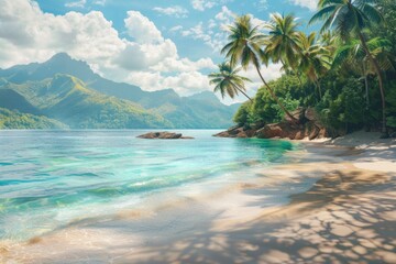 Poster - Sandy beach with palm trees and blue water. Perfect for travel brochures