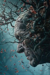 Poster - Close up of a person's face with a tree in the background. Suitable for nature or environmental themes