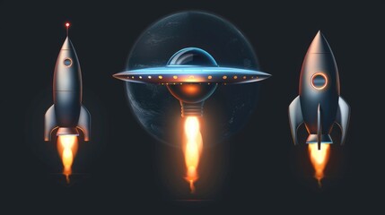 Poster - A group of spaceships flying through the air. Ideal for science fiction themed designs