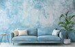 Modern interior design of living room with light blue sofa and copy space wall mock up background