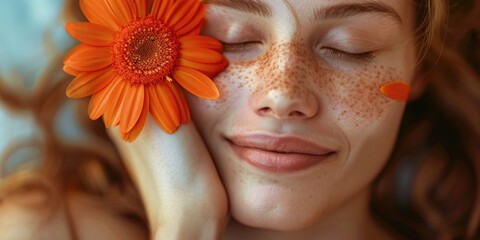 Poster - Close-up portrait of a woman with freckles. Suitable for beauty and skincare concepts