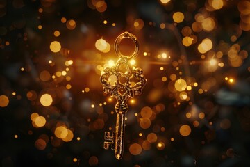 Poster - A golden key hanging from the side of a tree. Suitable for various concepts and designs