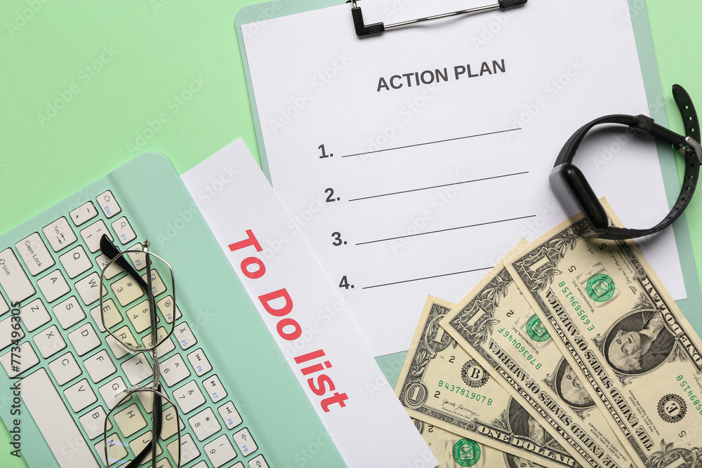 Composition with text TO DO LIST, money and action plan on green background. Time management concept. Closeup