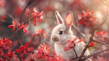 A White Rabbit Sitting In A Tree With Red Flowers. Suitable For Nature And Wildlife Themes