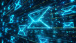 © jex - A digital background with glowing blue envelopes on a dark background, representing fast and modern email marketing. A background of a digital email icon floating in the air, newsletter concept.