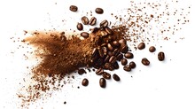 A Burst Of Arabica Grain With Splashes Of Brown Dust And Shredded Roasted Ground Coffee Is Shown Isolated On A White Background. Modern Realistic Illustration Of Espresso Beans Bursting On A White