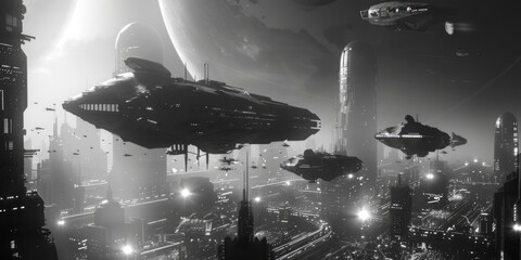Poster - A striking black and white image of a modern city skyline. Perfect for tech and urban design concepts