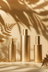 Aufkleber - A group of gold bottles on a table, suitable for various design projects