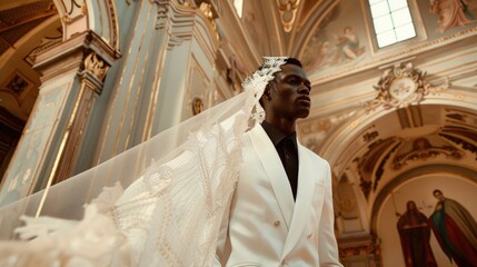 A black trans male bride in a white suit and lace veil stands contemplatively in a richly detailed church, sunlight filtering through stained glass. Gay marriage. LGBTQ community