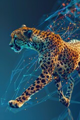 Poster - Cheetah running through a network of wires, suitable for technology and speed concepts