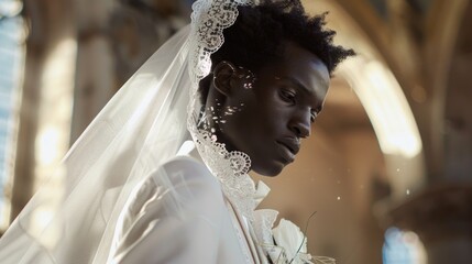 A black trans male bride in a white suit and lace veil stands contemplatively in a richly detailed church, sunlight filtering through stained glass. Gay marriage. LGBTQ community