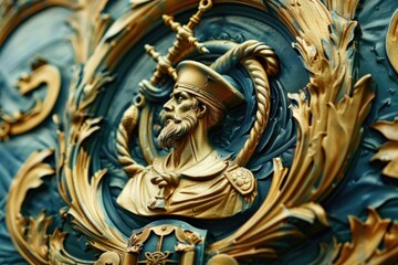 Poster - A detailed view of a gold and blue clock. Ideal for time management concepts