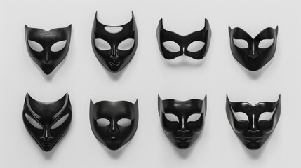 Poster - Black masks arranged on a white surface, suitable for various themes
