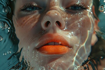Poster - A detailed close-up of a woman's face submerged in water. Suitable for beauty or skincare concepts