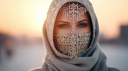 Wall Mural - photo of a girl in a stylish balaclava, decorated with crystals, rhinestones, sparkles, against the backdrop of the city, morning light, woman, fashion, winter, walk, sky, mask, eyes