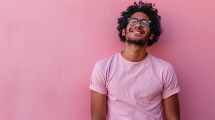 Sticker - A man with glasses standing against a pink wall. Perfect for business or lifestyle concepts