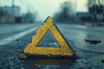 A yellow triangle sitting on the side of a road. Suitable for traffic safety concepts