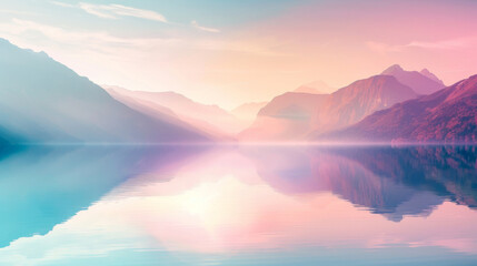 Poster - Serene lake at sunrise with mountain reflections