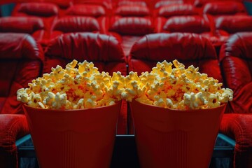 Poster - Two red buckets filled with popcorn in a movie theater. Great for cinema concept designs