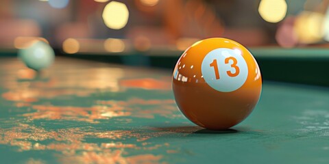 Poster - A single orange pool ball on a green pool table. Suitable for sports and leisure concepts