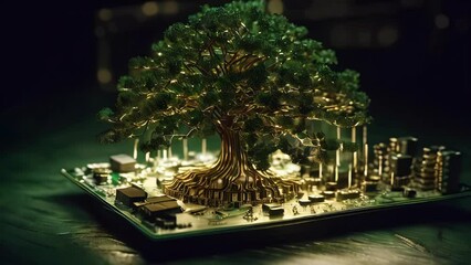 Poster - Green natural eco-friendly tree and computer technology on an abstract high-tech futuristic background of microchips and computer circuit boards with transistors