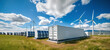 Advanced battery energy storage system with wind turbines and solar panels. green energy concept