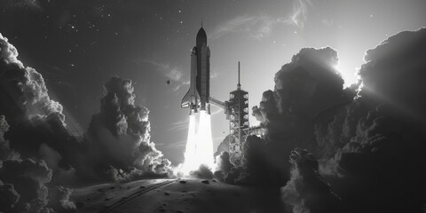 Poster - A dramatic black and white photo of a space shuttle taking off. Perfect for illustrating space exploration or technology concepts
